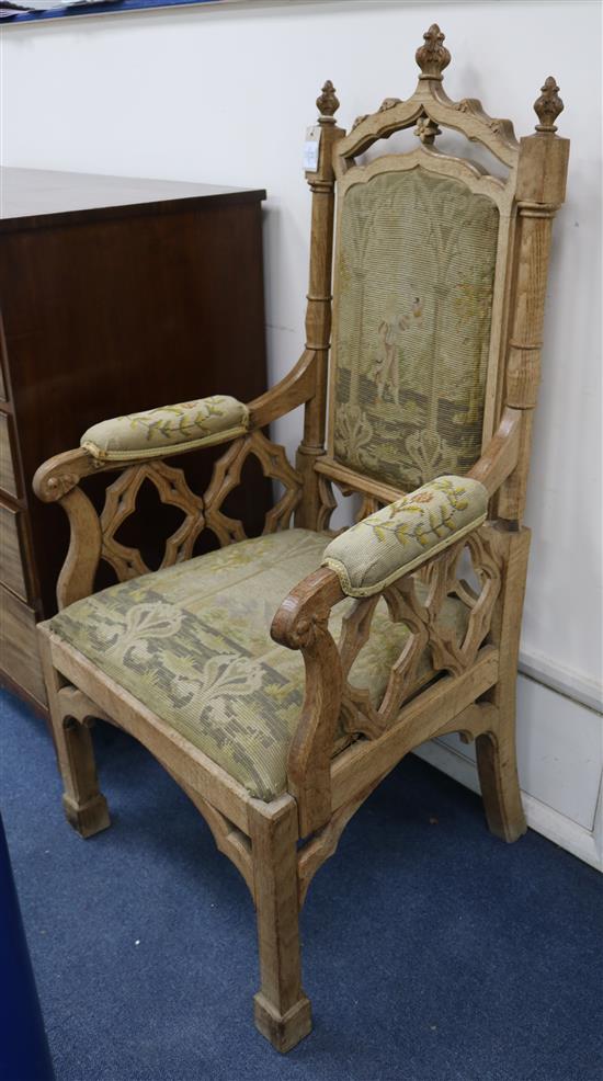 A Victorian Gothic revival oak armchair, W.2ft 2in. D.1ft 11in. H.4ft 3in.